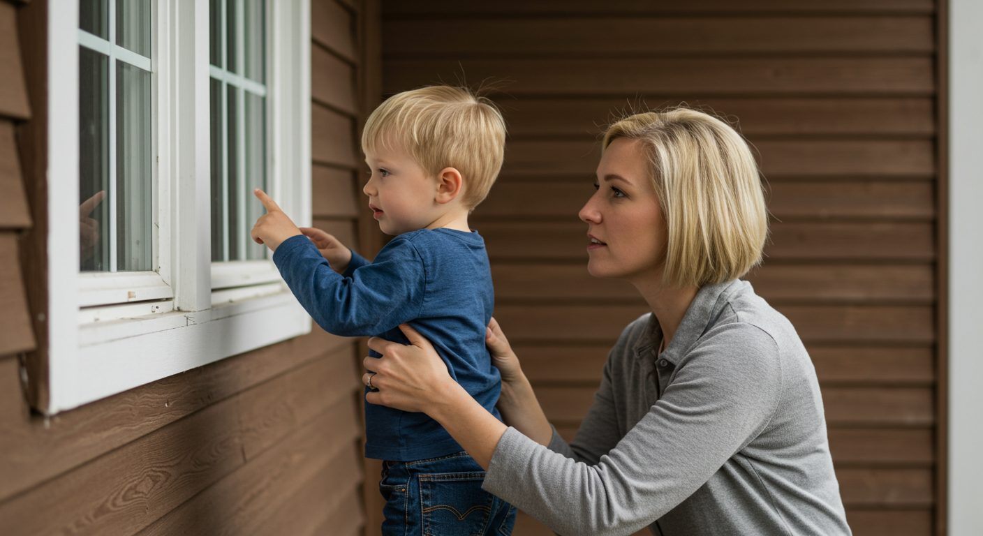 Молодая мама с сыном у окна рассматривают новые элементы декора фасада
