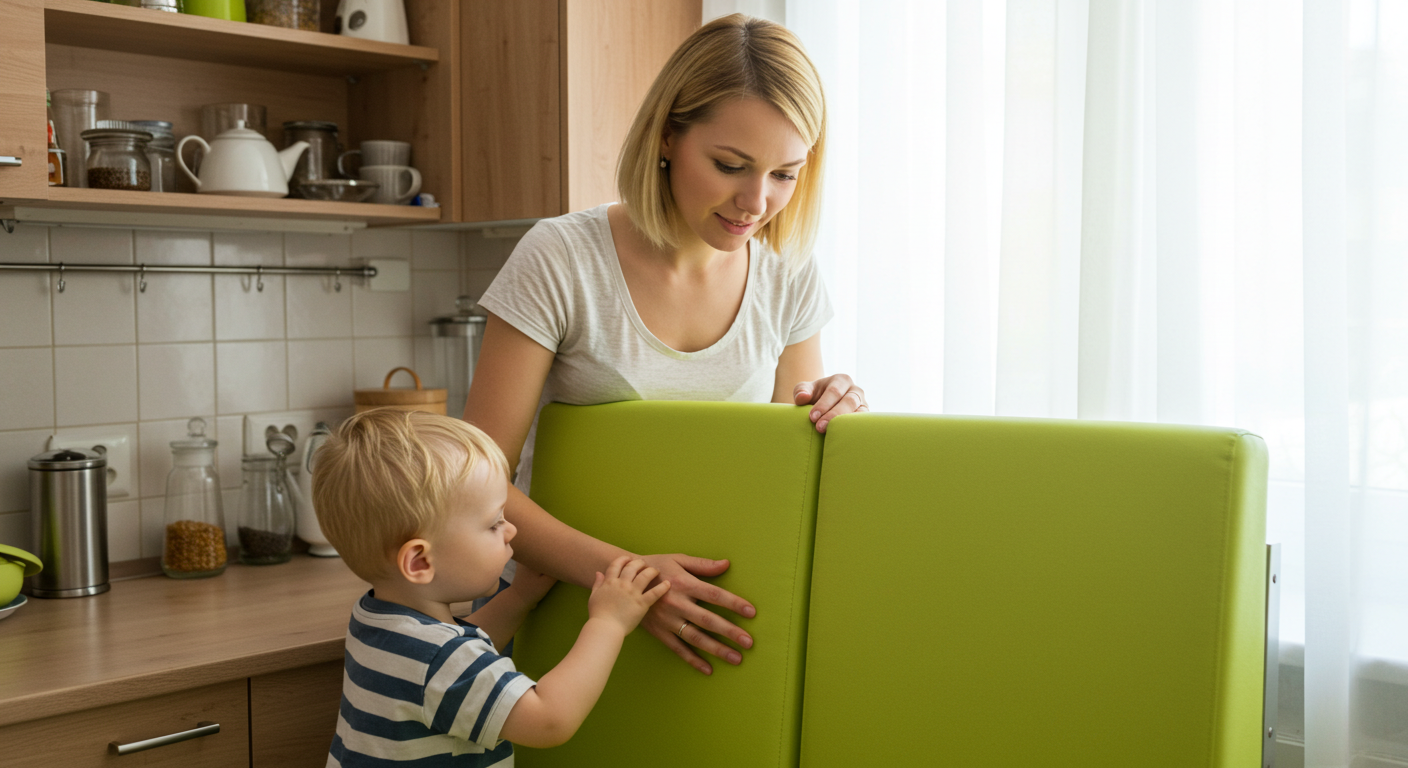 Молодая мама с сыном украшает кухню лаймовыми подушками на стульях и деревянными полками