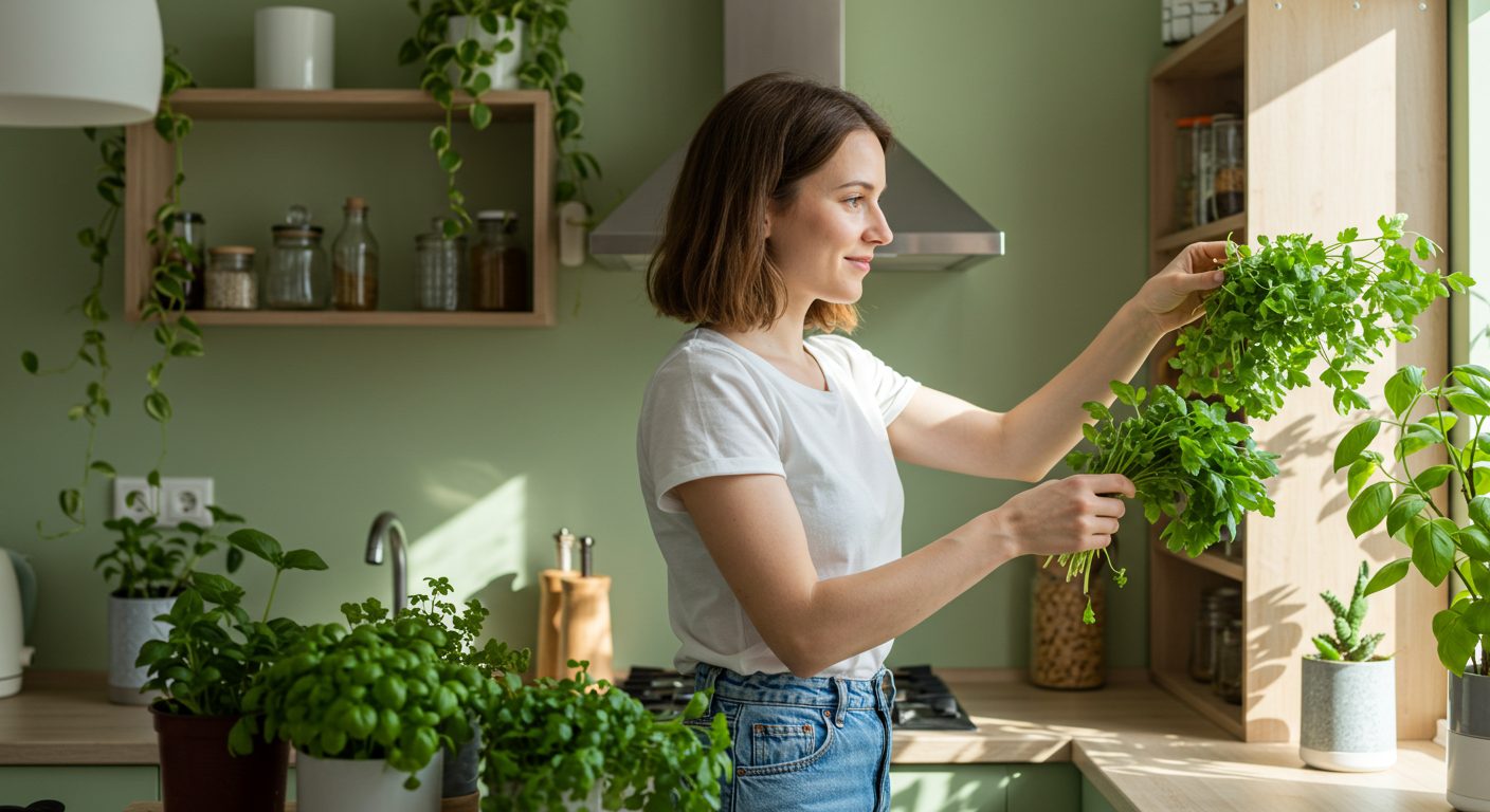 Молодая мама с зелеными травами в уютной салатовой кухне с деревянными полками