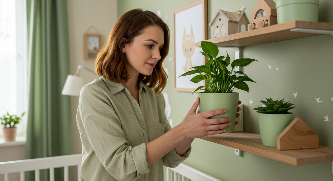 Молодая мама ставит растение на полку в уютной детской комнате