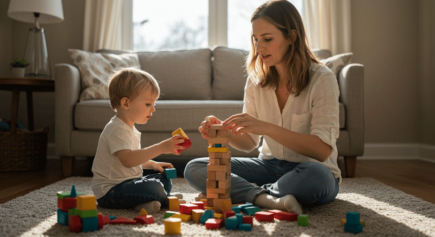 Молодая мама строит башню из деревянных кубиков с трехлетним сыном на ковре