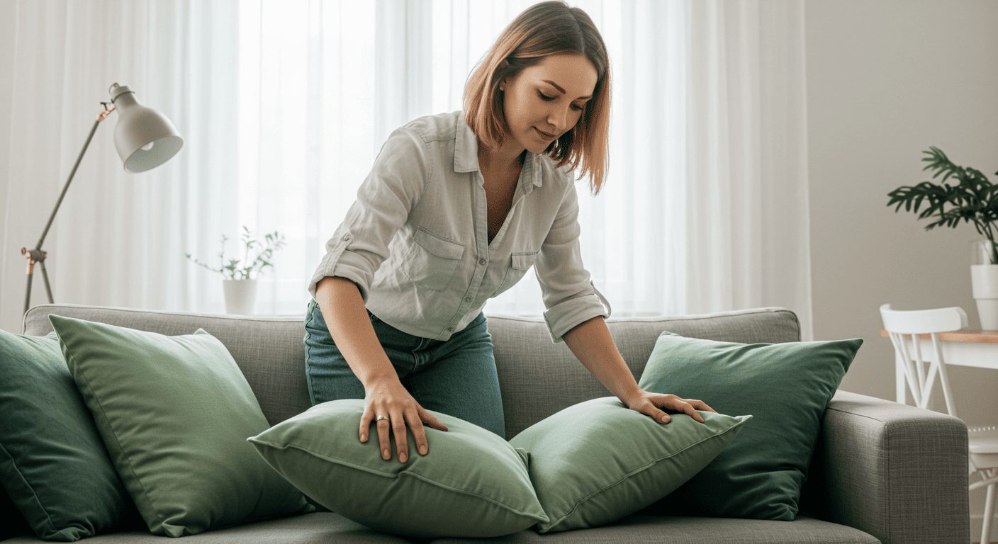 Молодая мама укладывает салатовые подушки на серый диван в светлом интерьере