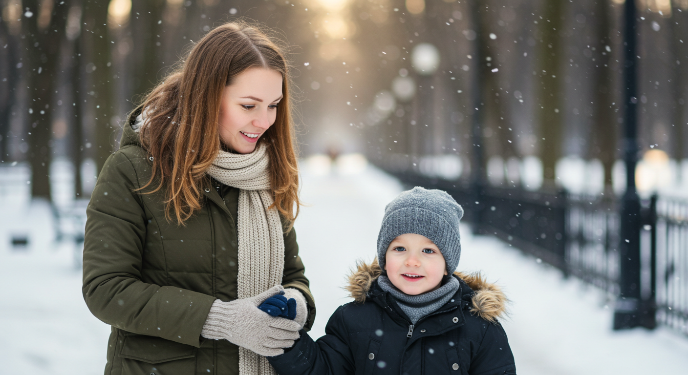 Молодая мама ведет сына по парку с золотыми листьями осенью