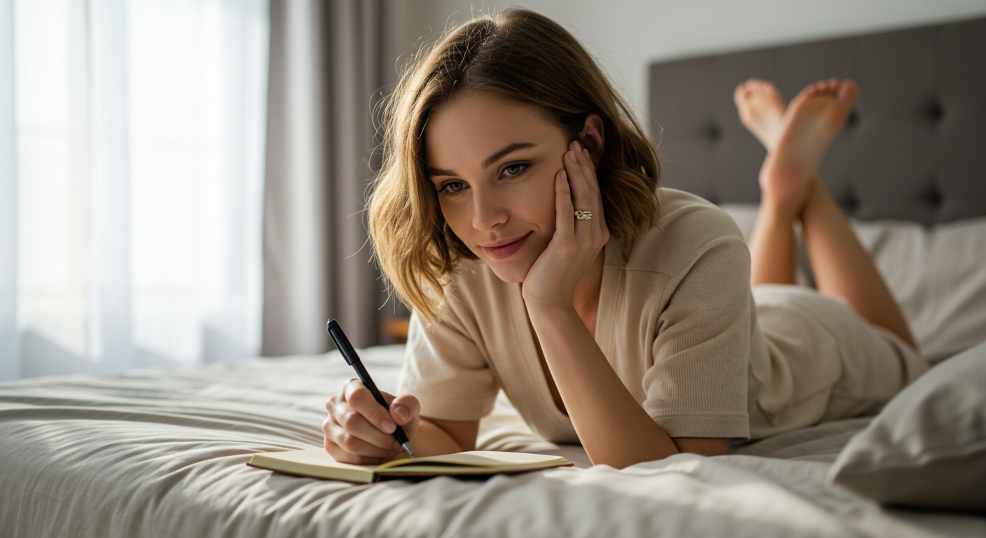 Молодая мама записывает мысли в блокнот, лежа на кровати