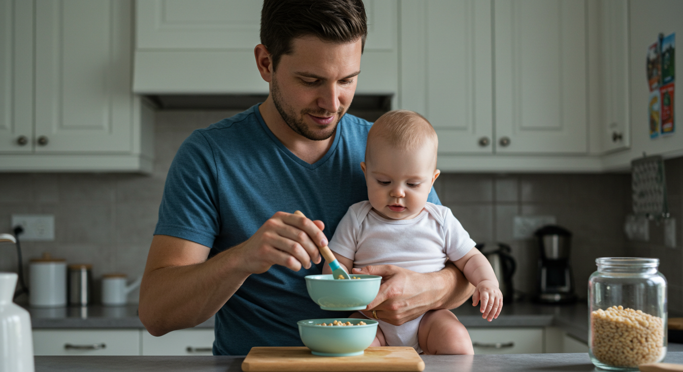 Молодой папа готовит кашу для восьмимесячного сына на кухне