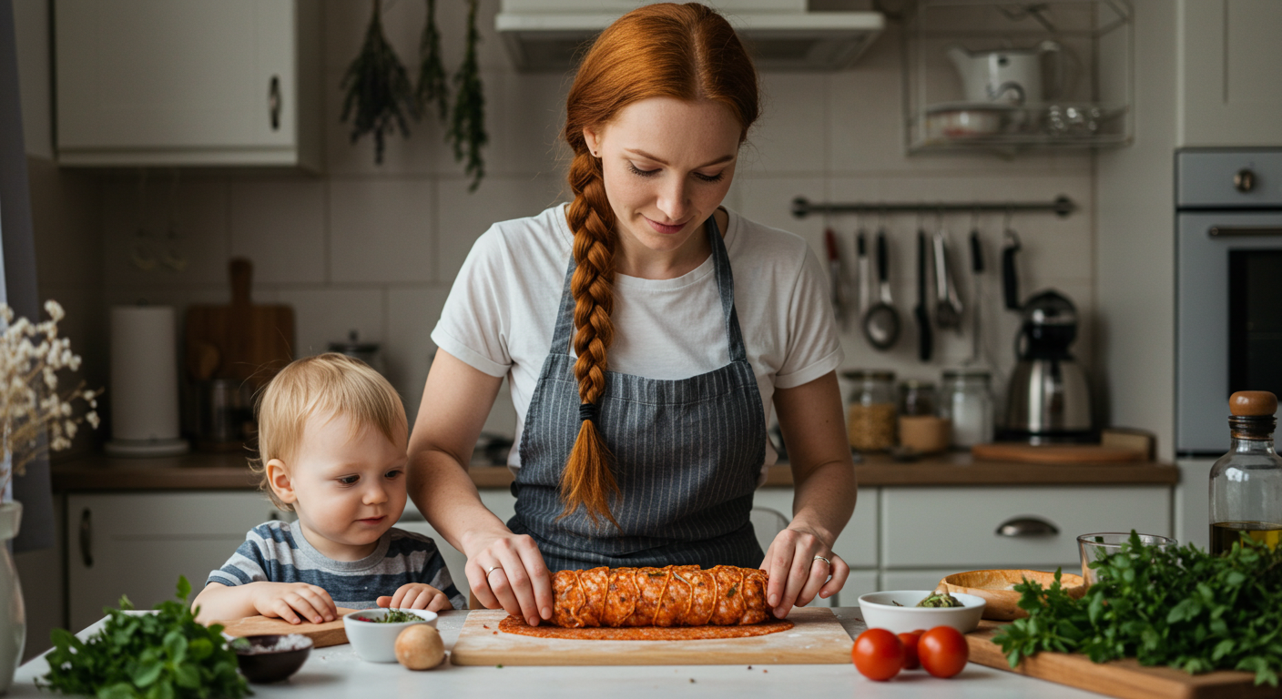 Молодая мама готовит рулет из сала со шкуркой на столе с сыном