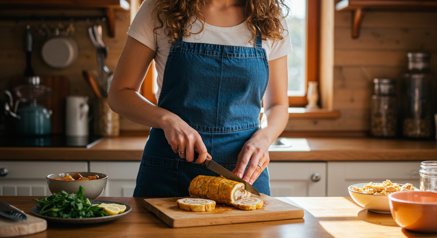 Молодая мама нарезает домашний рулет из сала со шкуркой на кухне