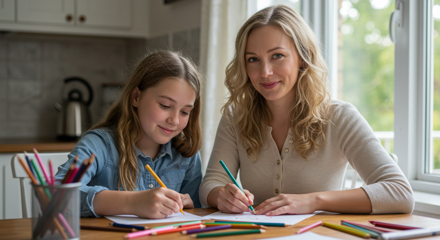 Молодая мама и дочь рисуют за столом на фоне солнечного света