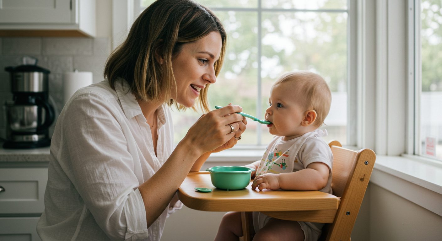 Молодая мама кормит дочку первой кашей в яркой кухне