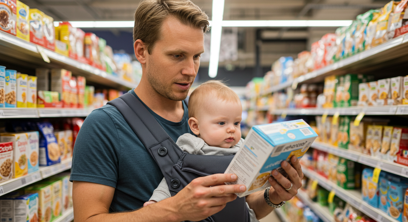 Отец читает упаковку детской каши в магазине с 6-месячным сыном