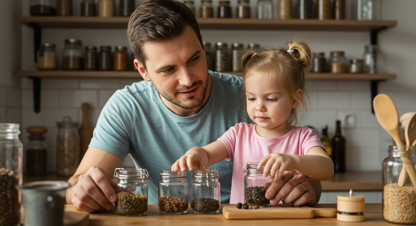Отец помогает дочке выбирать специи для рулета из сала на светлой кухне