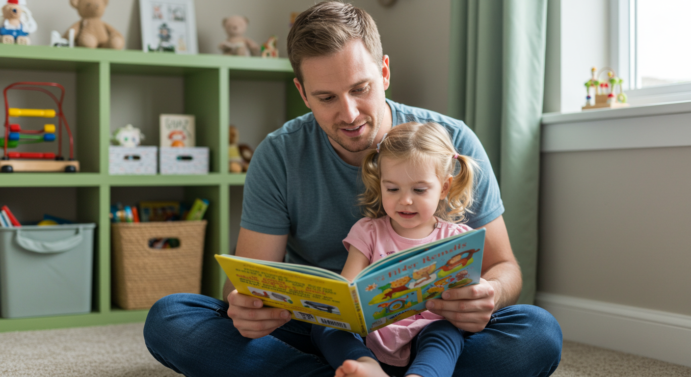 Отец читает дочке книгу в детской с зелеными полками и игрушками, уютный интерьер