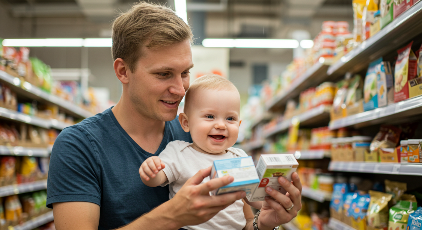 Отец читает этикетки детского питания в магазине, держит улыбающегося малыша