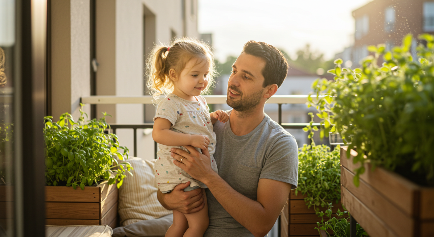 Отец держит дочь и показывает свежие травы на балконе под утренним светом