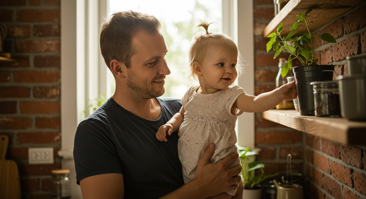 Отец держит дочь в уютной кухне с кирпичной отделкой, светит солнце