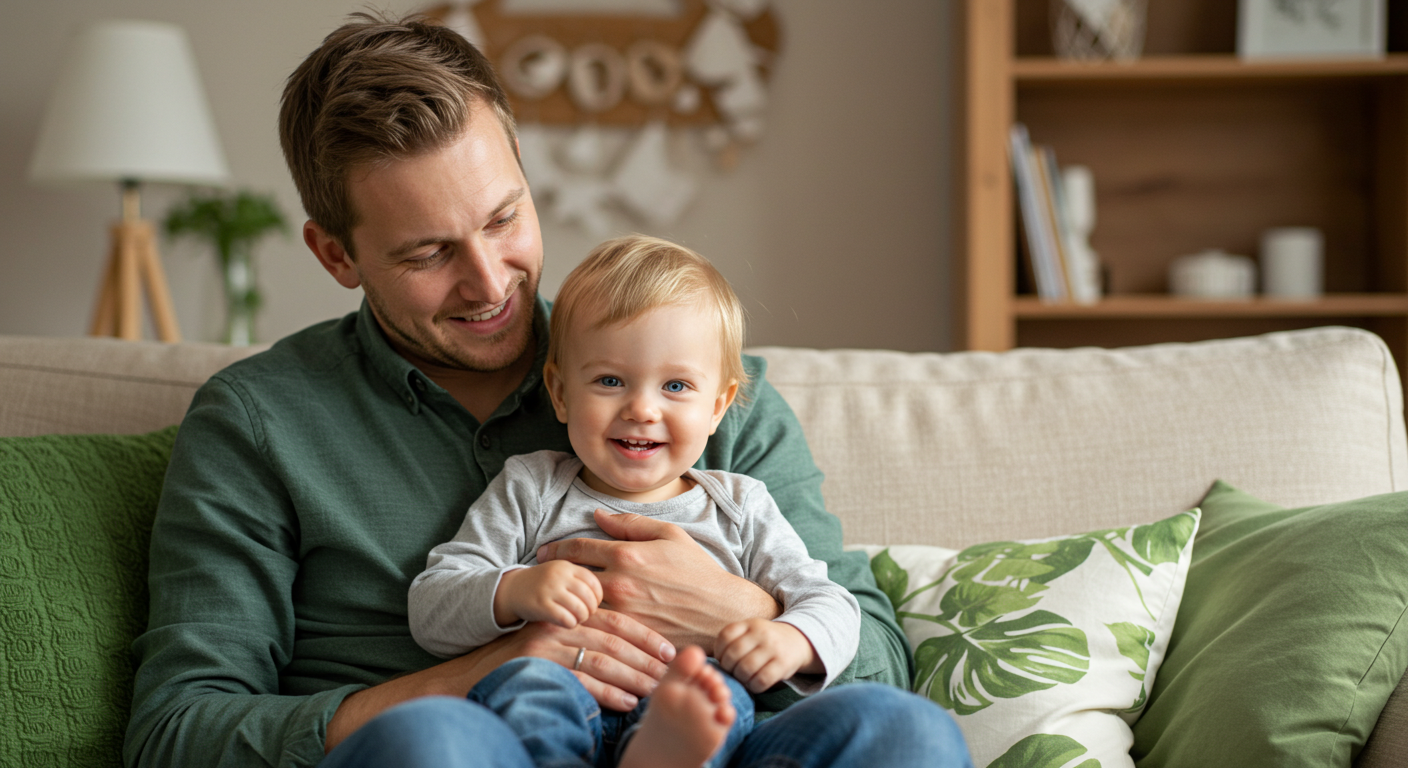 Отец держит сына на коленях на бежевом диване в скандинавском интерьере