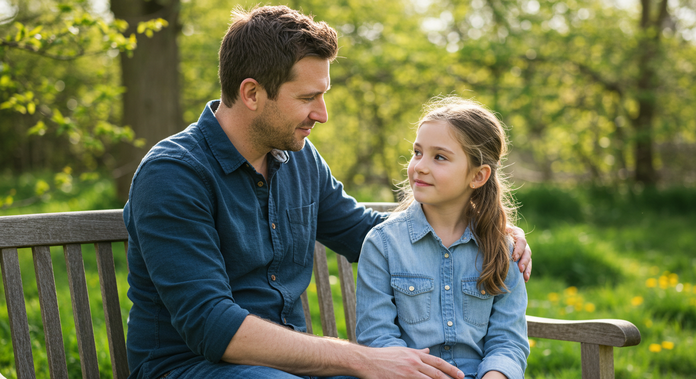 Отец говорит с дочерью на скамейке в весеннем саду