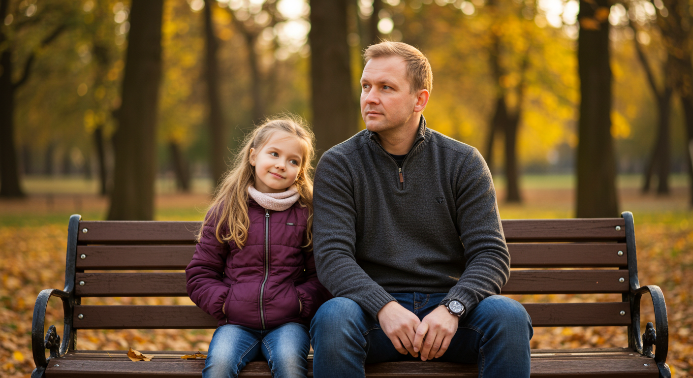 Отец и 8-летняя дочь сидят на скамейке в парке в осенний день