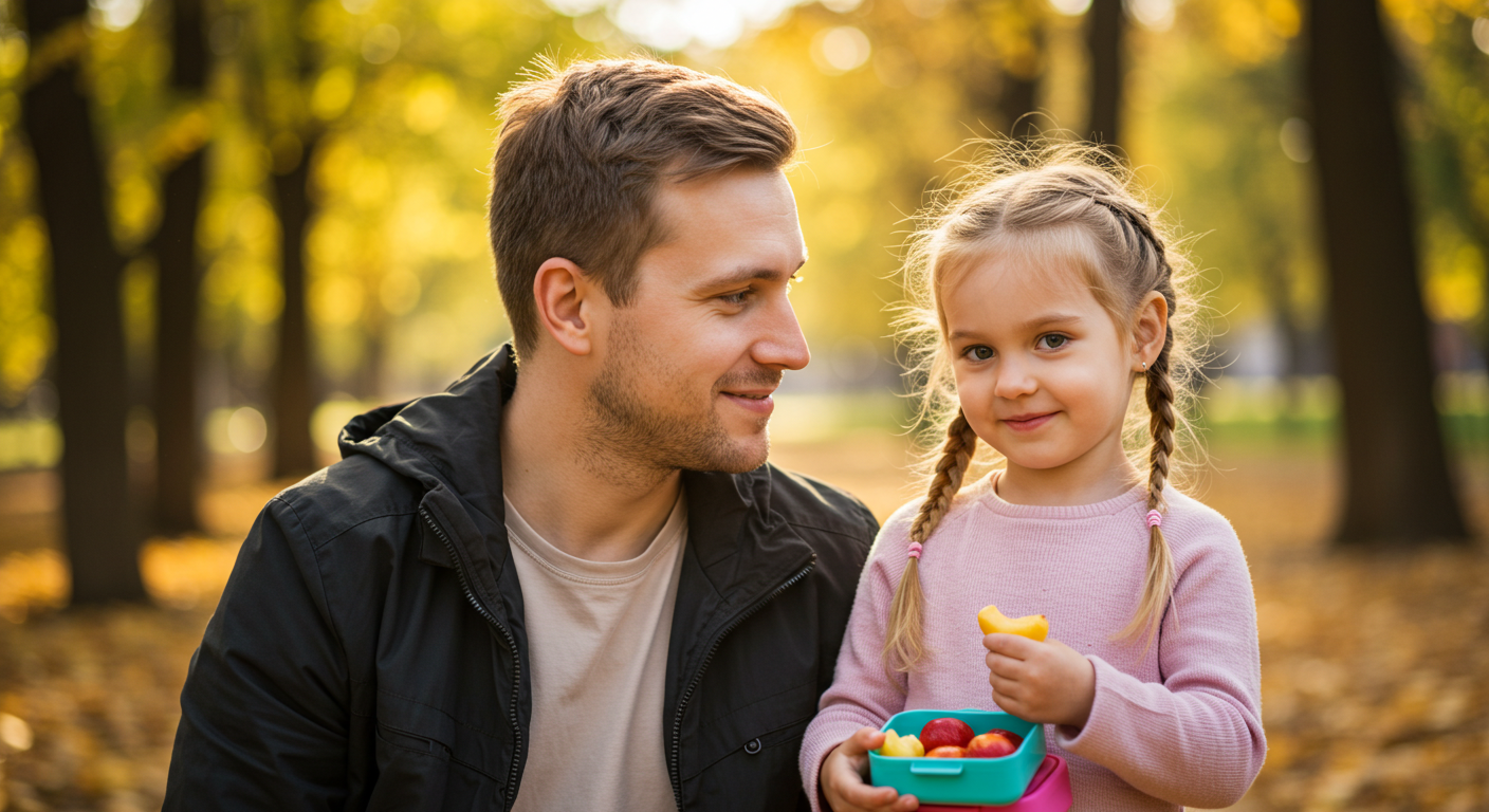 Отец и дочь гуляют в парке, девочка держит ланчбокс с фруктами