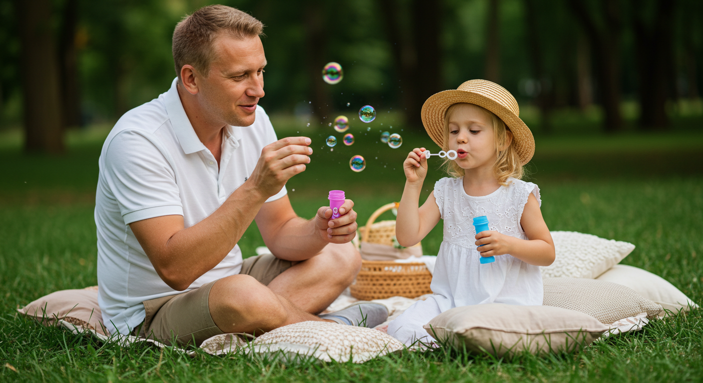Отец и дочь на траве, играют с мыльными пузырями рядом с пикником
