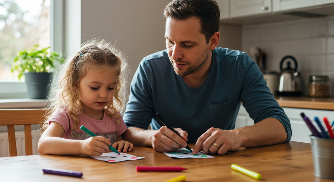 Отец и дочь рисуют лица на бумажных котах за столом на кухне