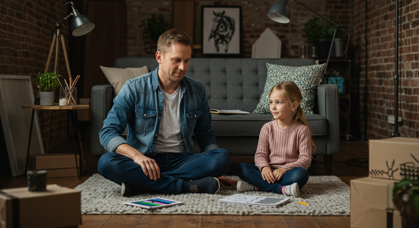 Отец и дочь рисуют цветными карандашами за низким столом в лофте