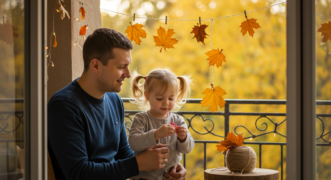 Отец и дочь украшают балконное окно бумажными листьями в осеннем интерьере