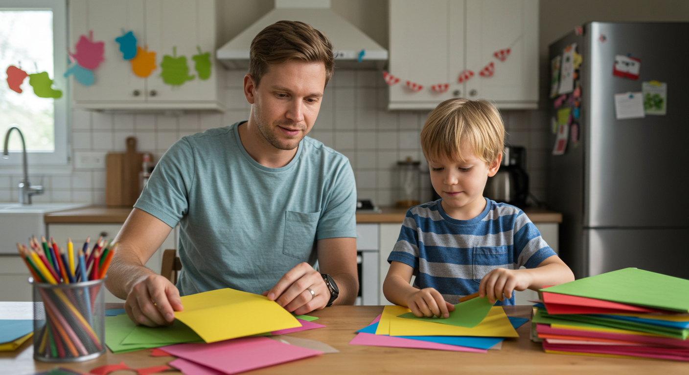 Отец и сын готовят место для поделок из бумаги в кухне