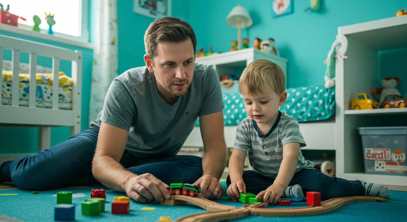 Отец и сын строят железную дорогу в детской комнате с бирюзовыми акцентами