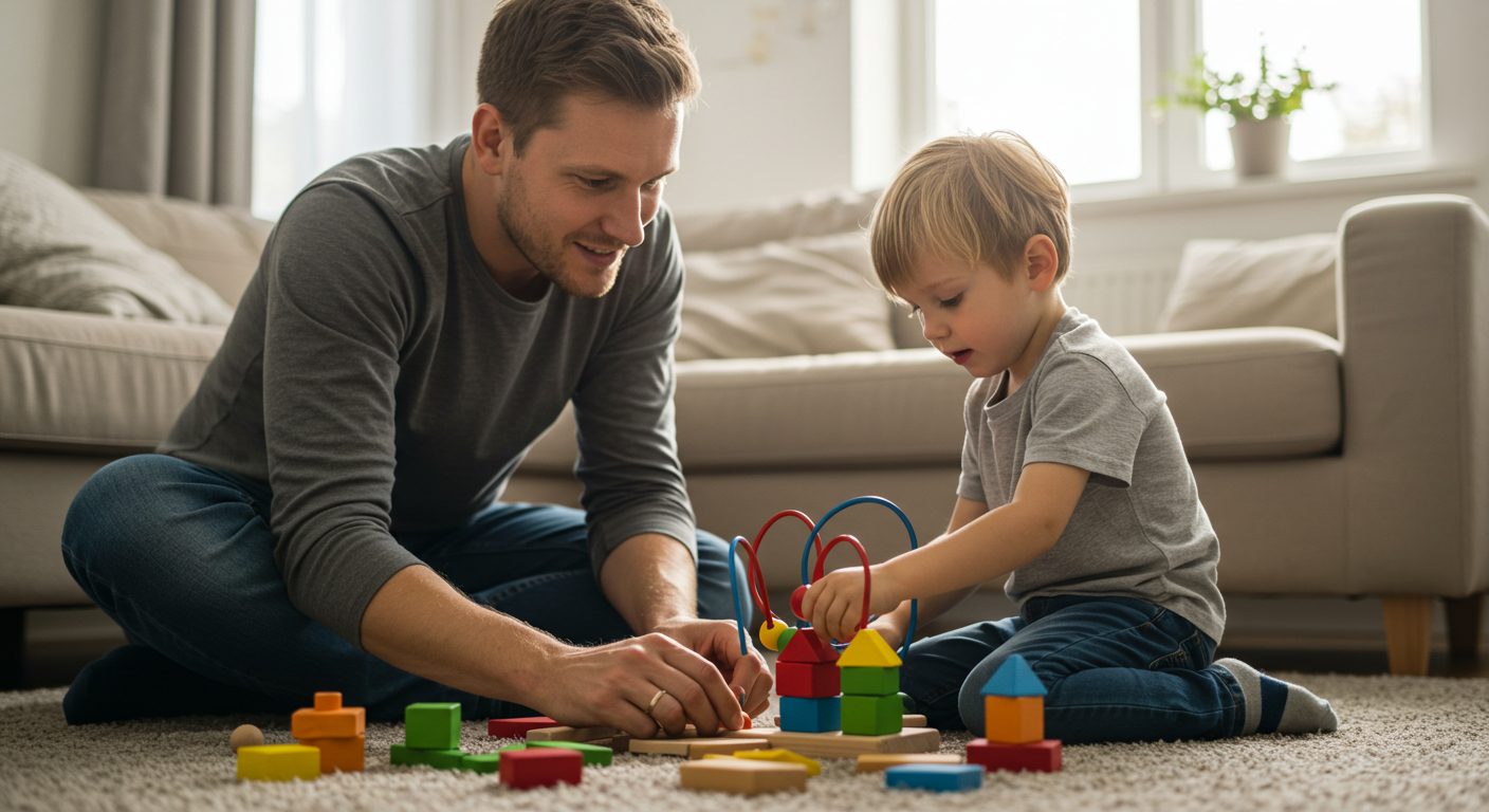 Отец и сын вместе собирают деревянную игрушку на ковре в гостиной
