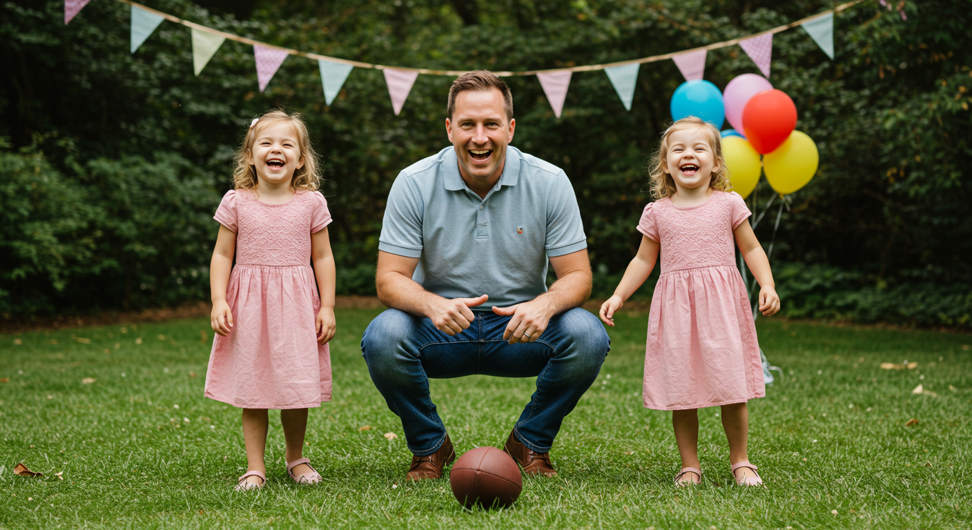 Отец играет с дочерьми на зеленом газоне во время пикника