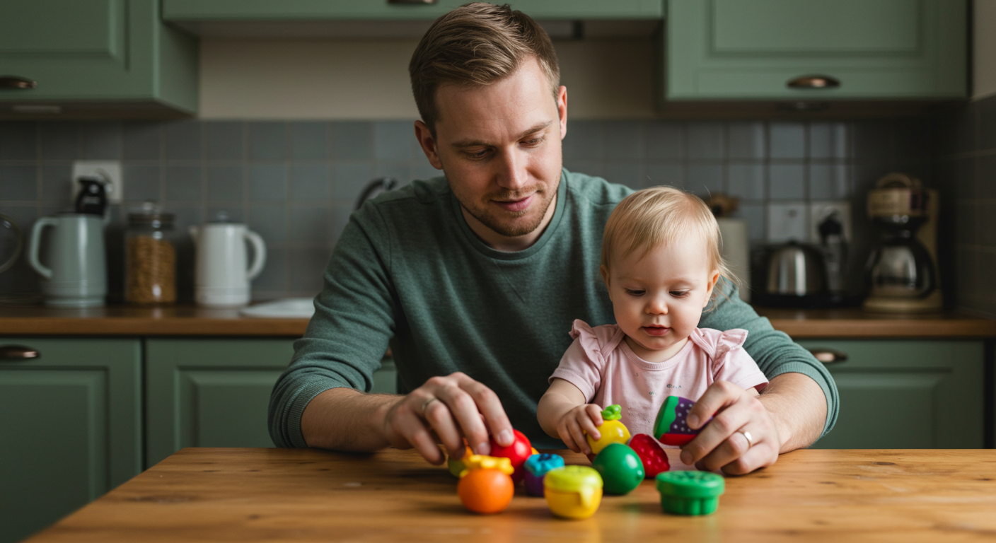 Отец играет с дочкой с игрушками в серо-зеленой кухне