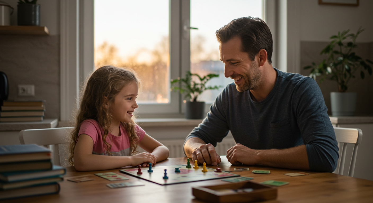 Отец играет в настольную игру с семилетней дочерью за кухонным столом