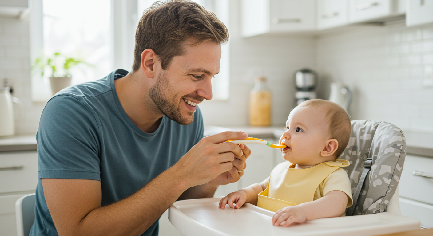 Отец кормит 6-месячного сына безмолочной кашей в яркой кухне