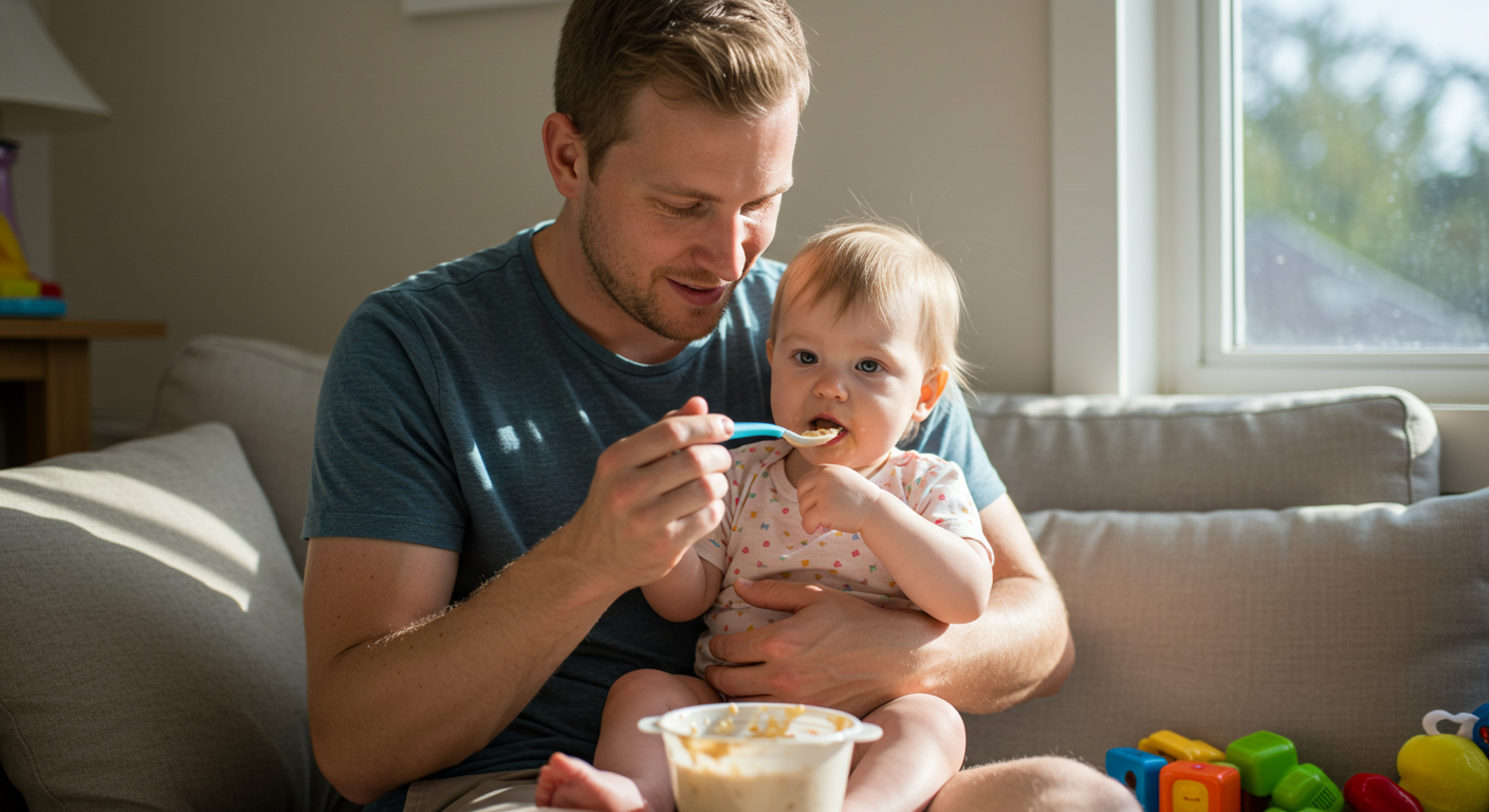 Отец кормит дочку кашей в уютной гостиной