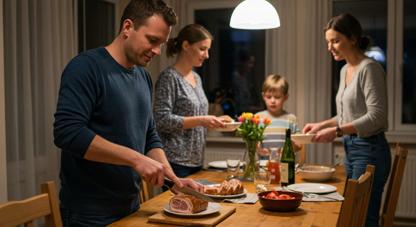 Отец нарезает свиной рулет с чесноком на тарелке, семья готовит ужин