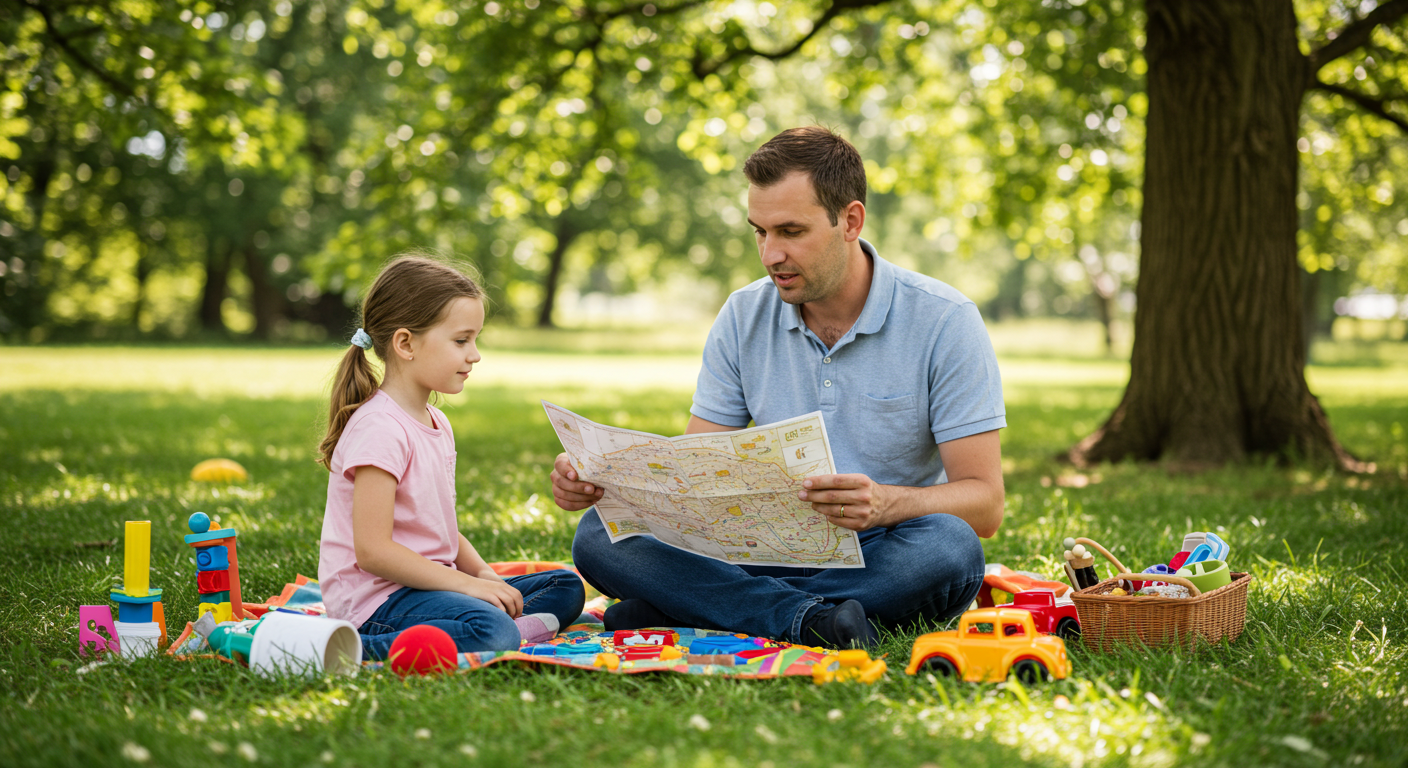 Отец объясняет детям правила игры под деревом на ярком коврике