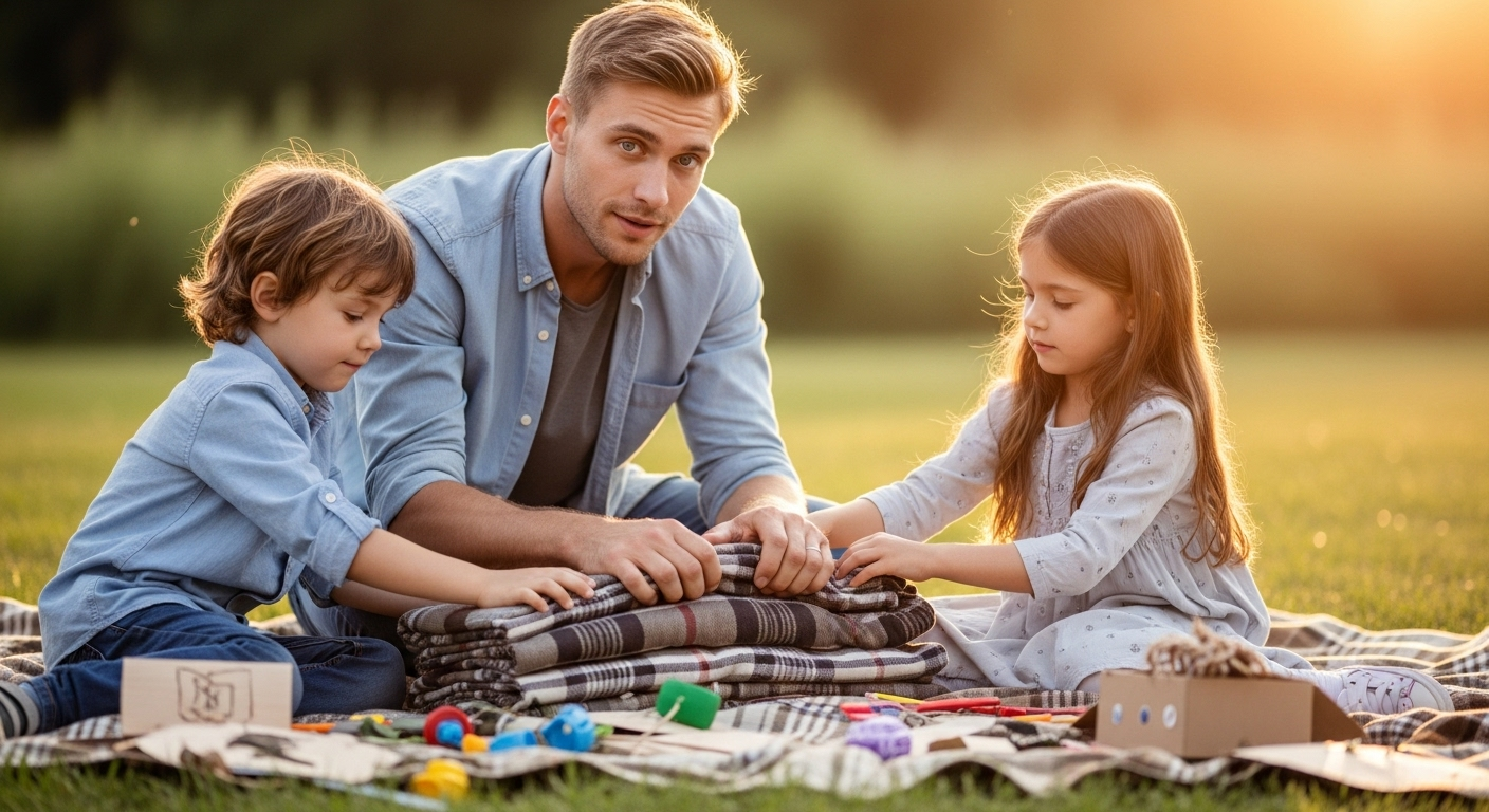 Отец пакует пикник с детьми, собирая вещи после дня на природе