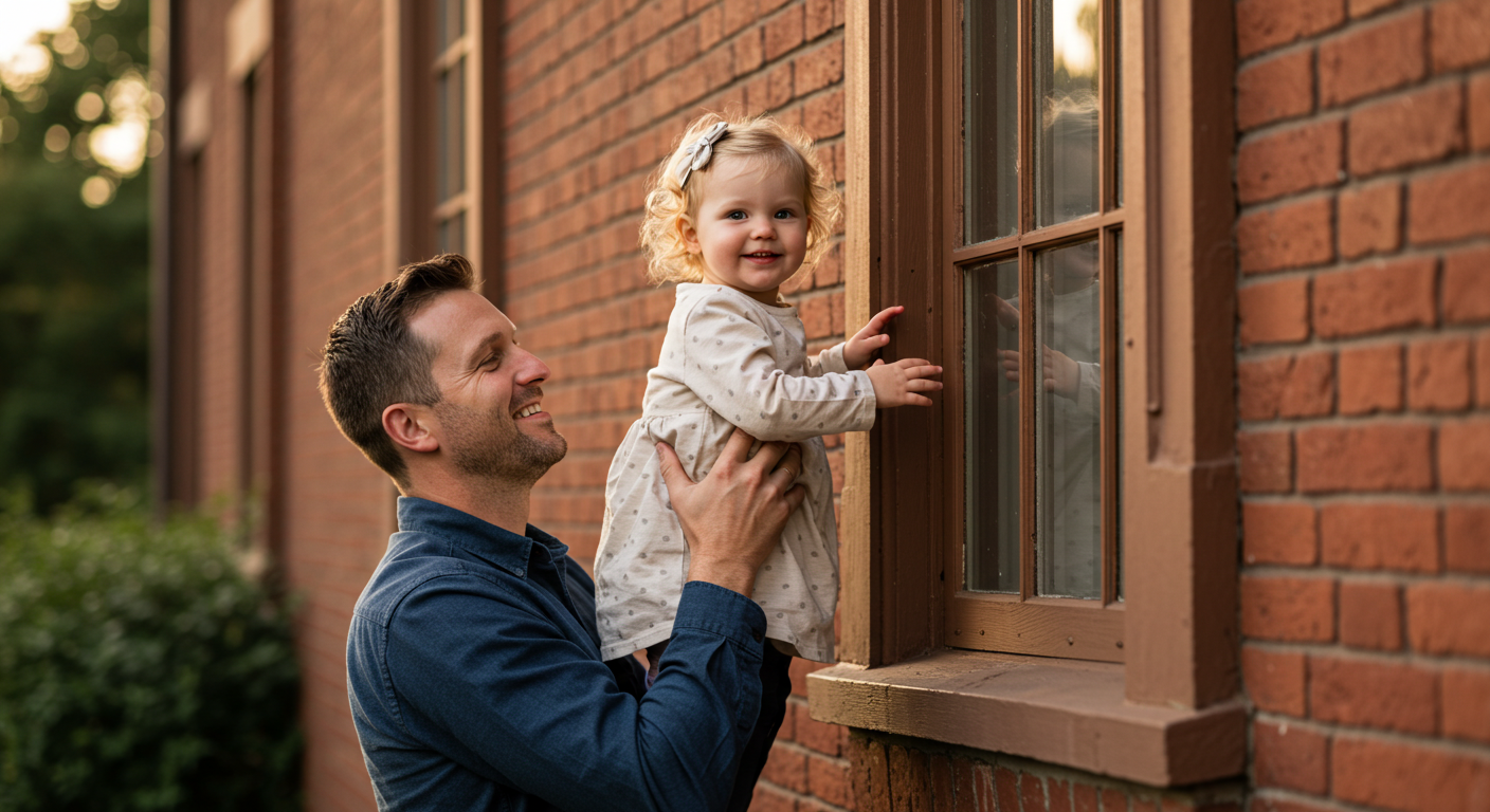 Отец поднимает дочь к окну с классическим обрамлением на кирпичном доме
