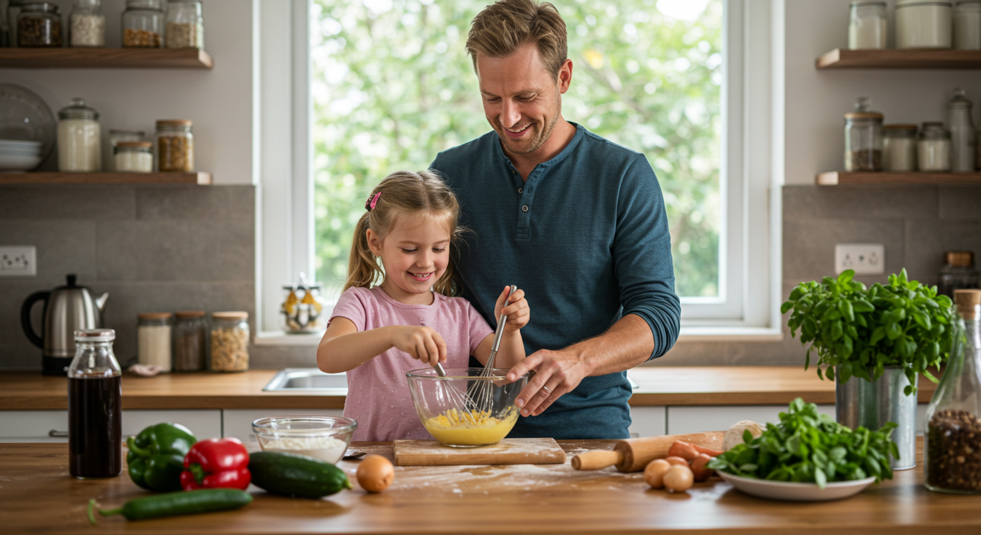 Отец помогает дочери приготовить мясной рулет с овощами на кухне