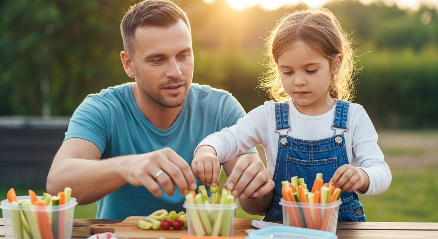 Отец помогает дочери готовить еду для детского пикника на улице
