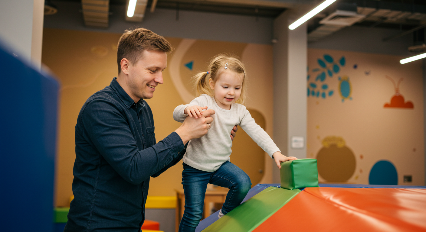 Отец помогает дочери взобраться на мягкую игровую конструкцию в современном пространстве