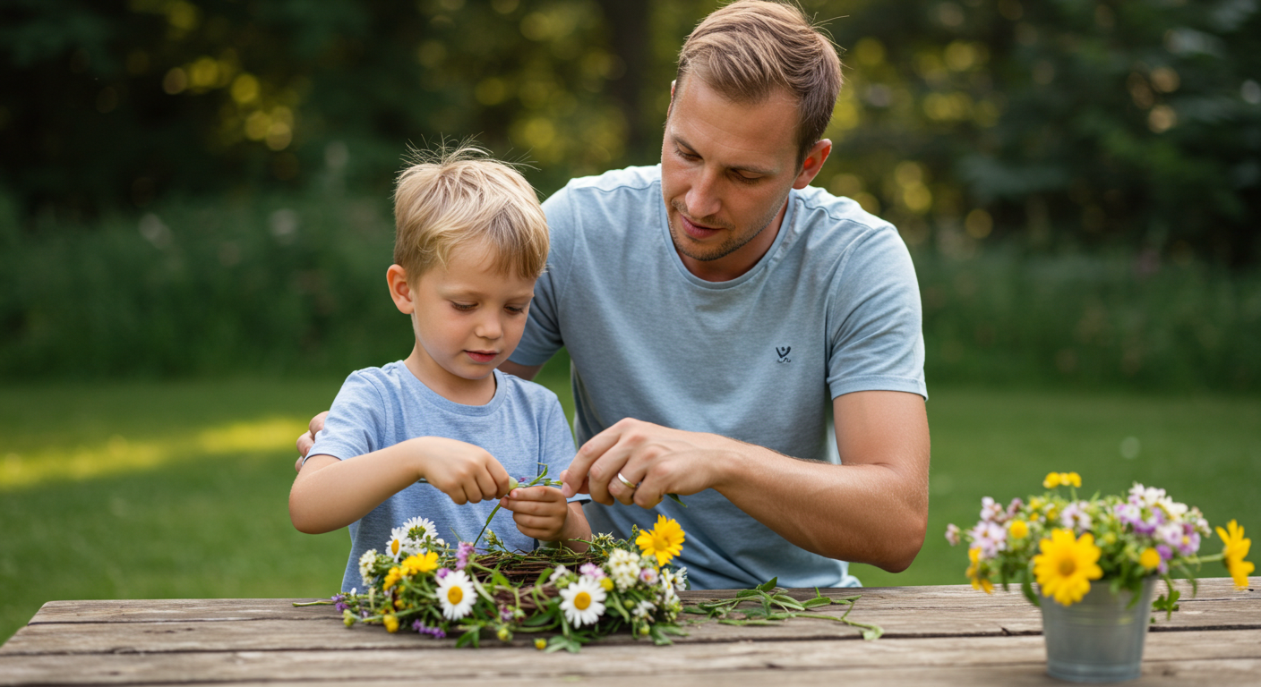 Отец помогает сыну научиться плести венок из цветов на пикнике