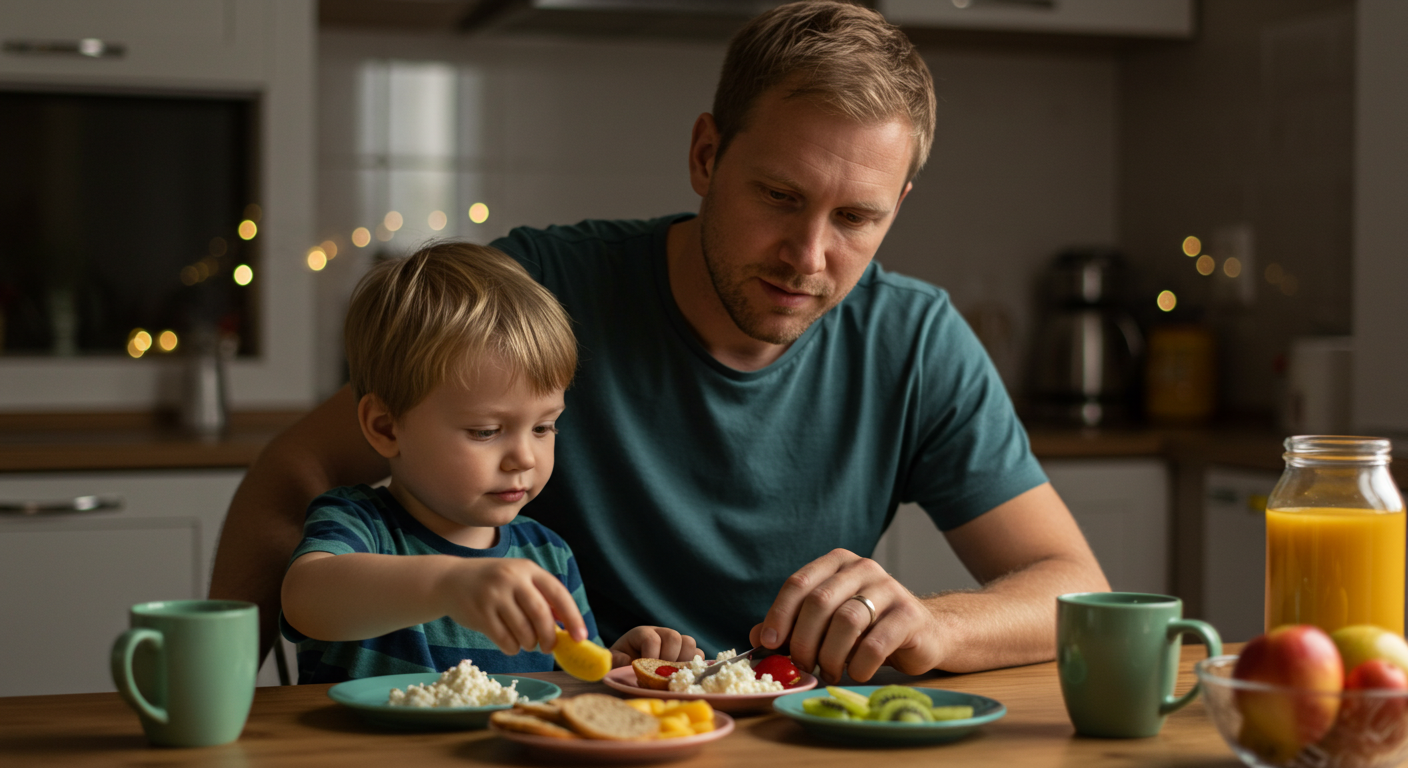 Отец помогает сыну расставить здоровые закуски на столе дома