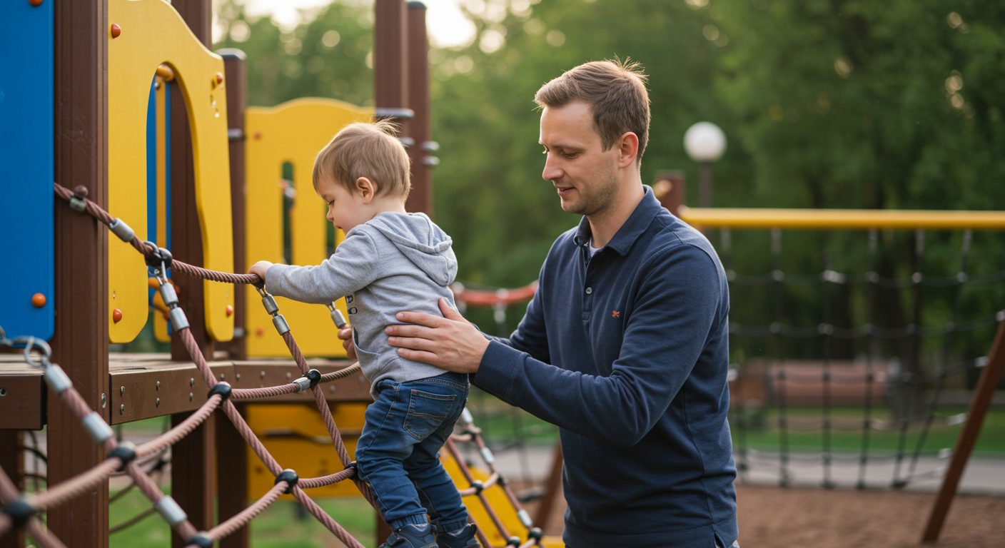 Отец помогает сыну забраться на веревочную стенку в городской детской игровой зоне