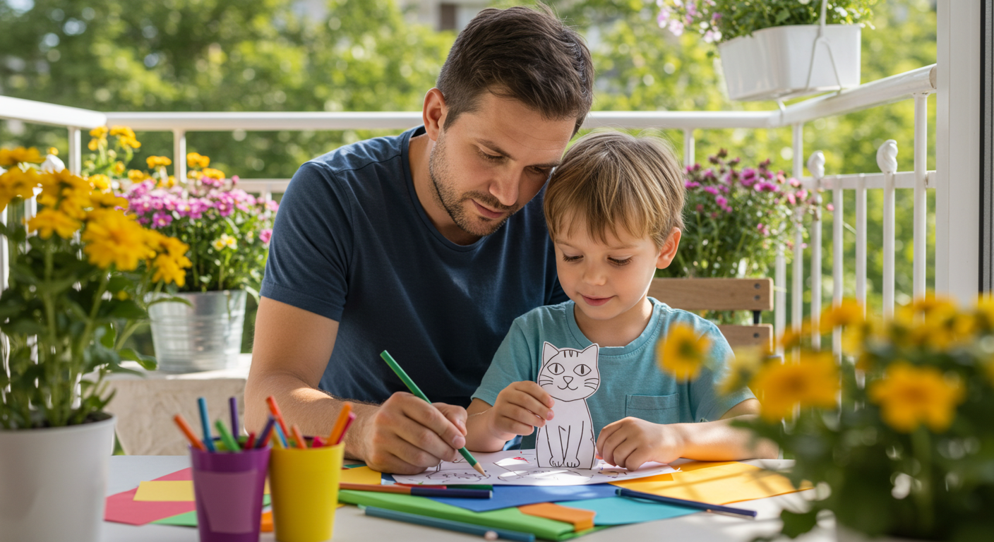 Отец помогает сыну раскрашивать фигурку оригами кота на балконе