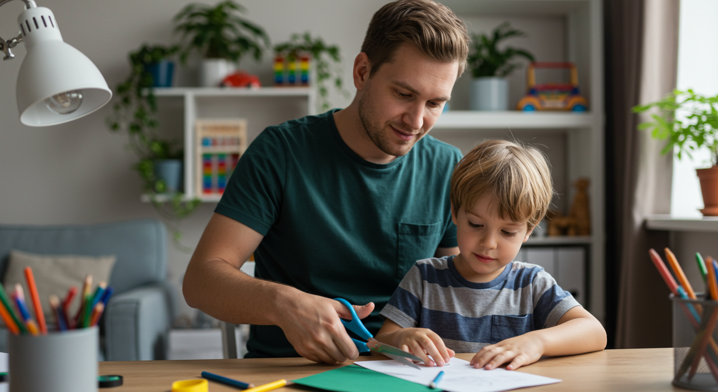 Отец помогает сыну вырезать бумагу на столе с игрушками
