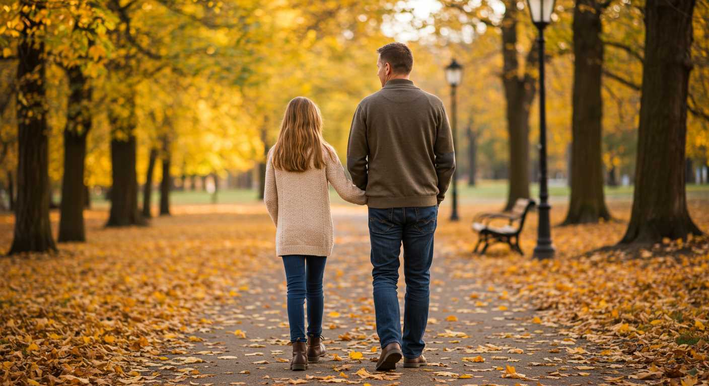 Отец прогуливается с 14-летней дочерью по осеннему парку