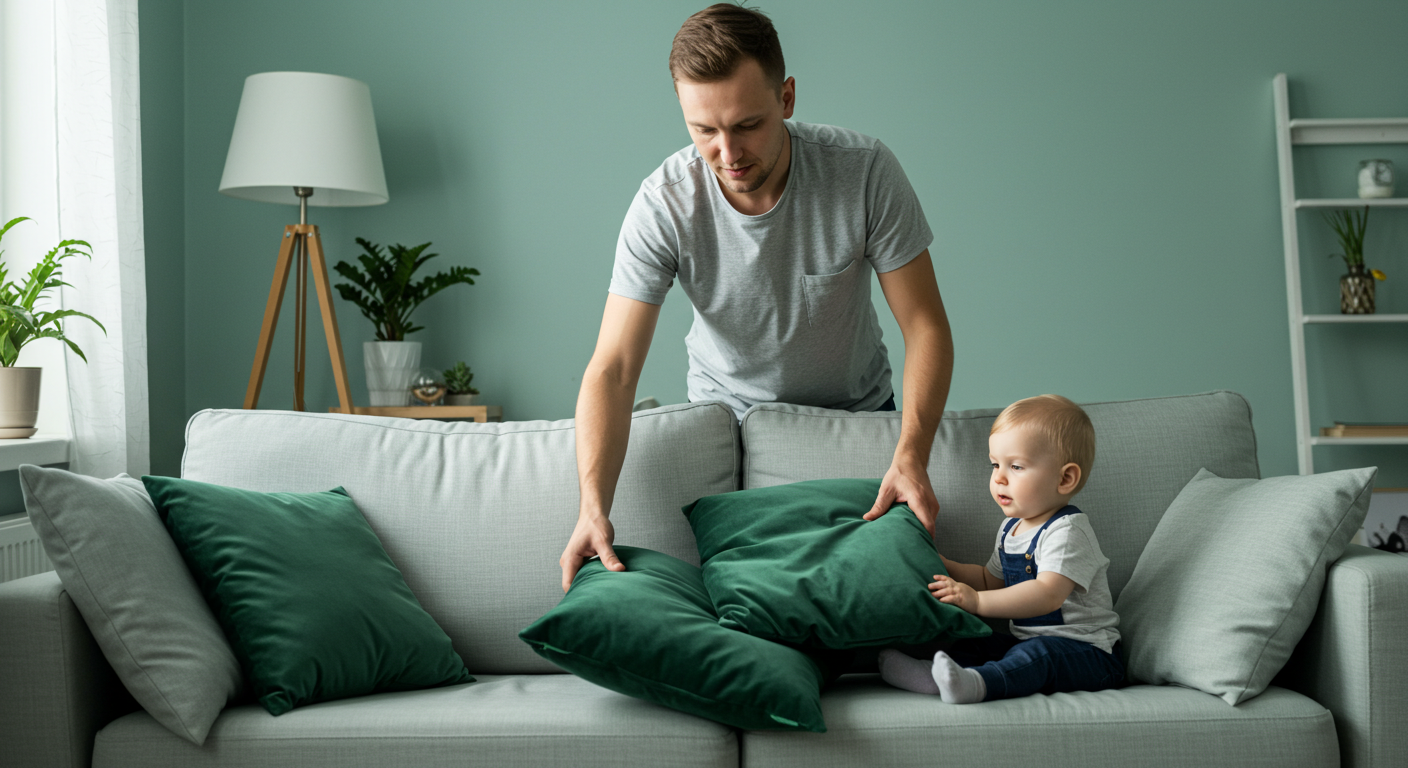 Отец размещает зеленые подушки на светло-сером диване в комнате с мятными акцентами