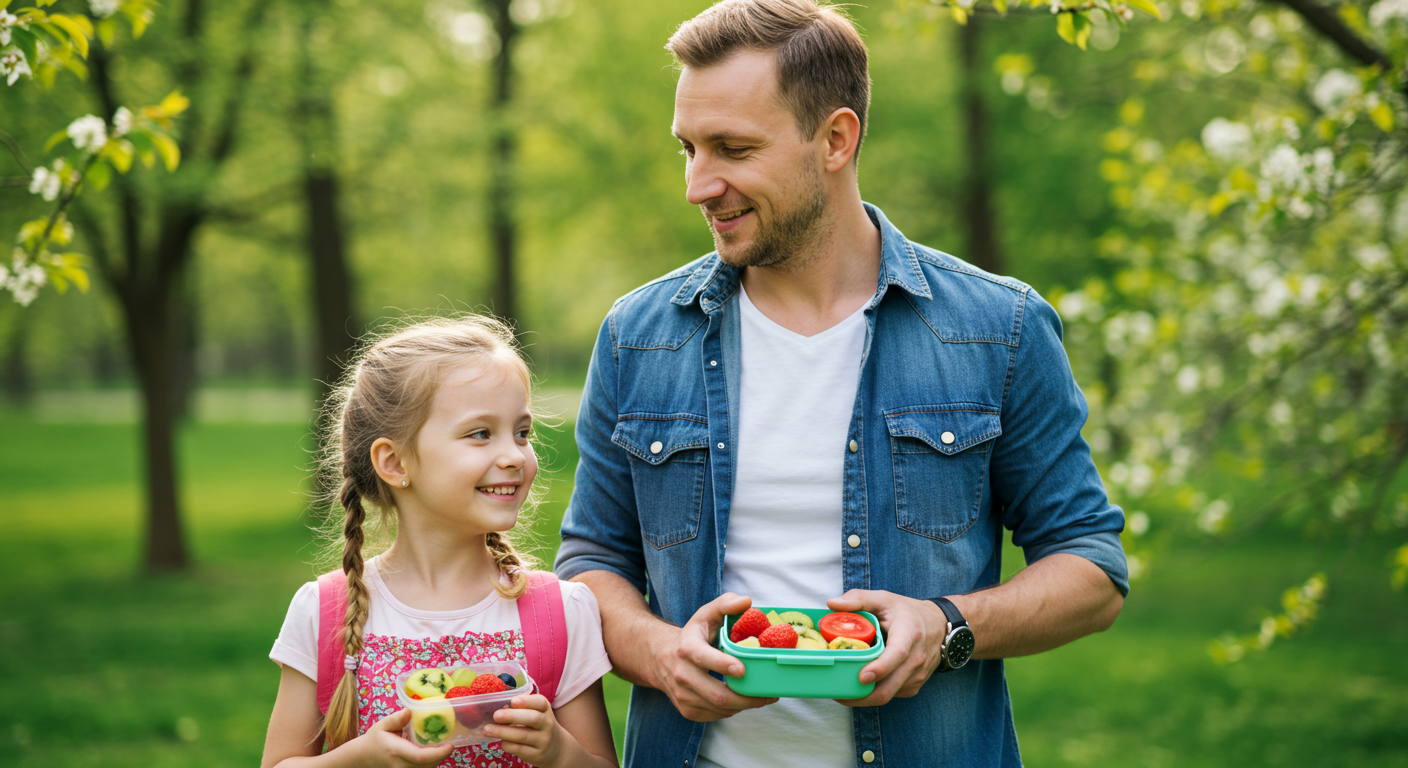 Отец с дочерью прогуливаются в парке с ланч-боксом фруктовых перекусов